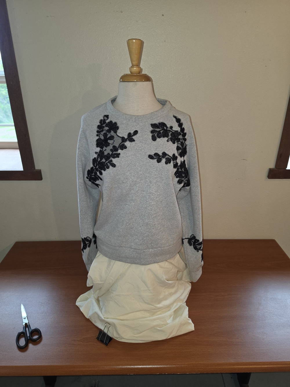 Express Gray Crewneck Sweatshirt with Black Floral Appliqué